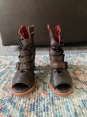 freebird Brown Multi-Strap Open-Toe Leather Sandals with Red Lining
